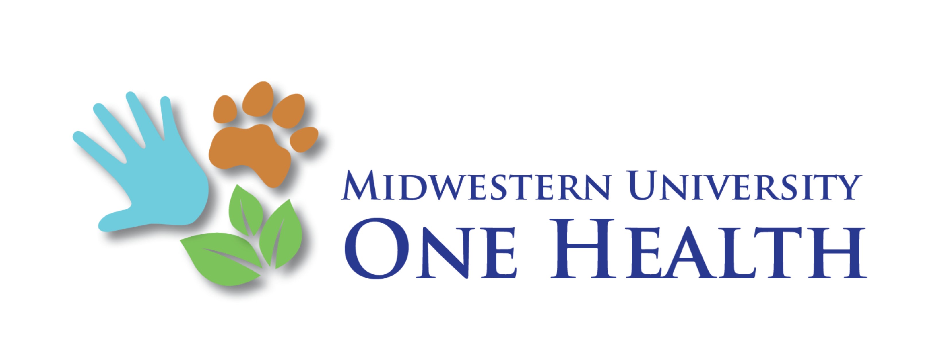 Midwestern University One Health initiative logo with a palmprint, leaves, and pawprint.